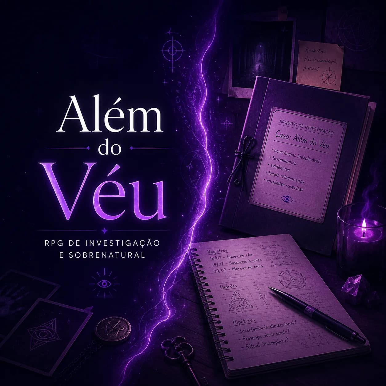 Banner quadrado em tons de roxo escuro e lilás com o texto “Além do Véu” em destaque. Abaixo do título aparece a frase “RPG de investigação e sobrenatural”. À direita há um arquivo de investigação com o caso “Além do Véu”, um caderno aberto com registros, padrões e hipóteses, uma caneta, uma vela acesa e cristais. No centro, uma fenda luminosa roxa divide a cena, sugerindo a separação entre o mundo comum e o sobrenatural. Ao redor aparecem símbolos ocultistas, fotografias, chave, medalhão e anotações misteriosas. A imagem transmite clima de investigação paranormal, mistério, rituais e segredos além da realidade visível.