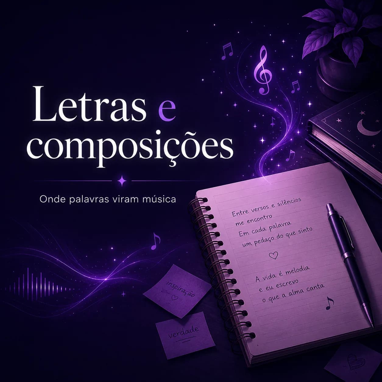 Banner quadrado em tons de roxo escuro e lilás com o texto “Letras e composições” em destaque. Abaixo do título aparece a frase “Onde palavras viram música”. À direita há um caderno aberto com versos escritos, uma caneta ao lado, livros empilhados e uma planta no canto superior. Ao redor aparecem notas musicais, brilhos e ondas luminosas, além de pequenos papéis com as palavras “inspiração” e “verdade”. A cena transmite a ideia de escrita poética, composição musical, inspiração e transformação de sentimentos em música.