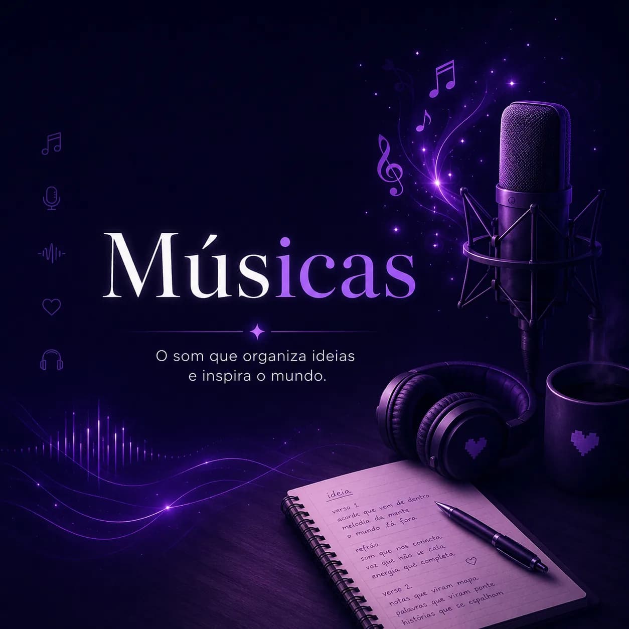 Banner quadrado em tons de roxo escuro e lilás com o texto “Músicas” em destaque. Abaixo do título aparece a frase “O som que organiza ideias e inspira o mundo.” À direita há um microfone grande de estúdio com notas musicais brilhantes ao redor. Na parte inferior aparecem fones de ouvido, uma caneca, um caderno aberto com anotações de composição musical e uma caneta. À esquerda há ícones ligados a música, gravação, áudio, favoritos e escuta. A cena transmite a ideia de criação musical, gravação, inspiração e organização de ideias por meio do som.