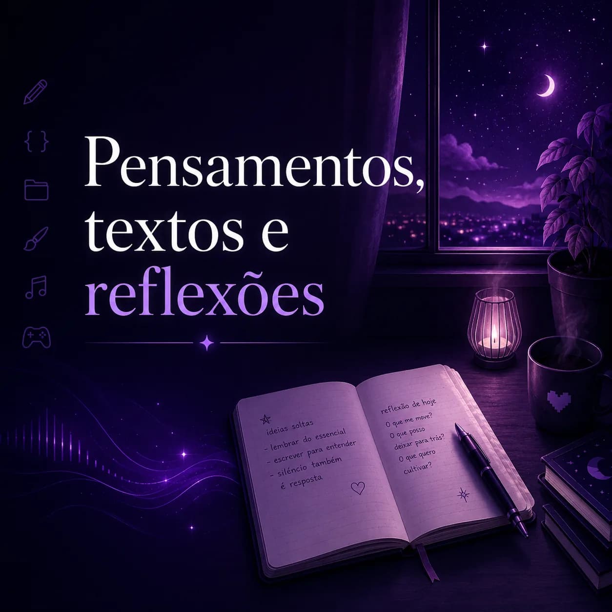 Banner quadrado em tons de roxo escuro e lilás com o texto “Pensamentos, textos e reflexões” em destaque. À direita há uma janela mostrando um céu noturno com lua crescente, estrelas e luzes ao fundo. Na parte inferior aparece um caderno aberto com anotações reflexivas, uma caneta, uma vela acesa, uma caneca e livros empilhados. À esquerda há ícones ligados a escrita, arquivos, pintura, música e jogos. A cena transmite uma atmosfera introspectiva, criativa e acolhedora, associada à escrita de pensamentos, textos pessoais e reflexões.