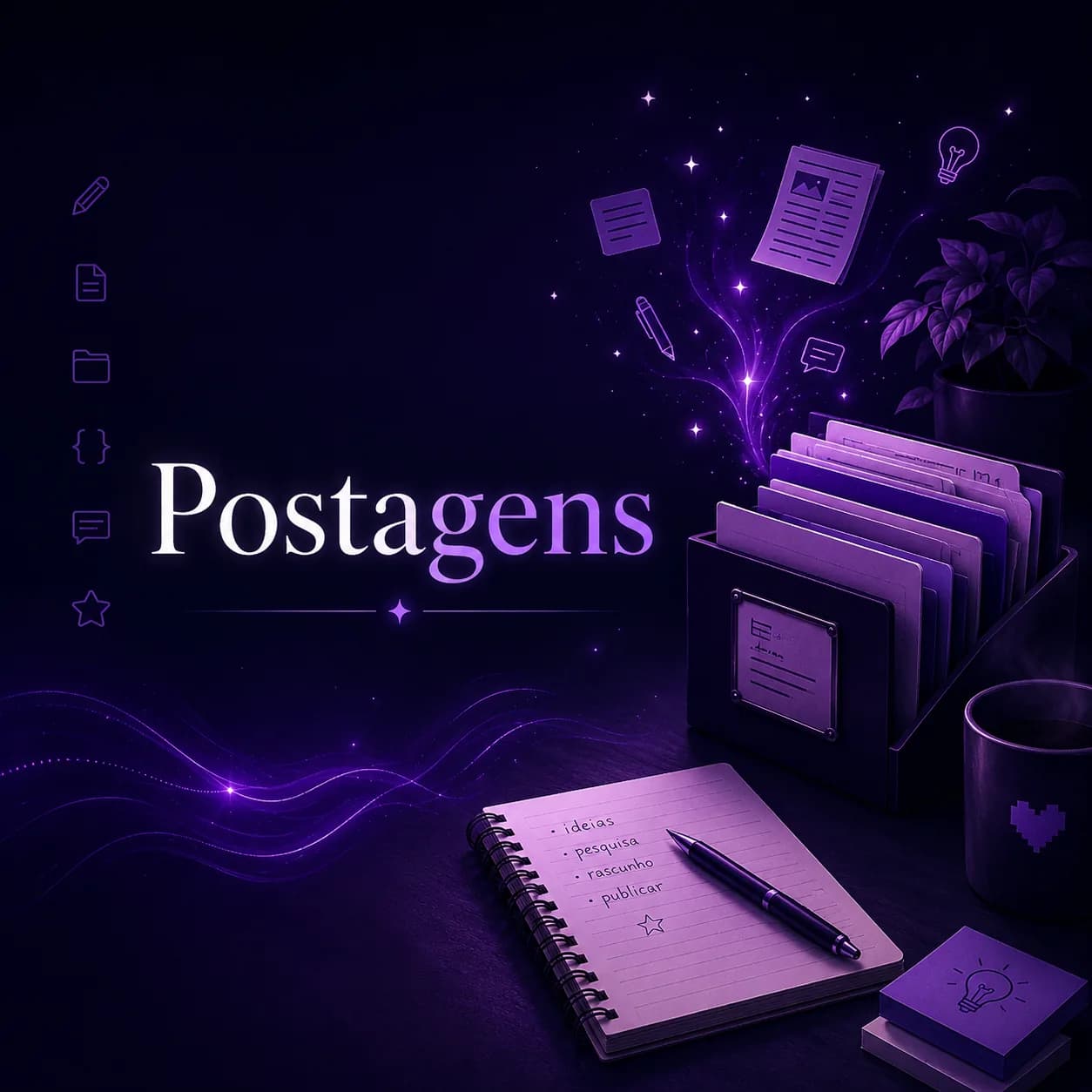 Banner quadrado em tons de roxo escuro e lilás com o texto “Postagens” em destaque. À direita há uma gaveta aberta cheia de pastas, com brilho mágico saindo dos arquivos e folhas flutuando no ar. Na parte inferior aparece um caderno com uma caneta e uma lista com ideias, pesquisa, rascunho e publicar. A imagem representa a área de postagens do site, reunindo textos, registros, reflexões e atualizações.
