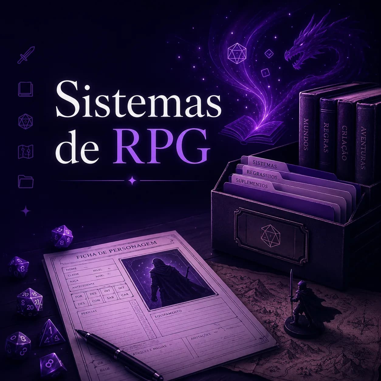 Banner quadrado em tons de roxo escuro e lilás com o texto “Sistemas de RPG” em destaque. À direita há uma caixa organizadora com pastas identificadas como sistemas, regras e suplementos, ao lado de livros com temas de mundos, regras, criação e aventuras. Acima, um livro aberto libera brilho mágico, dados e a silhueta de um dragão. Na parte inferior aparecem dados de RPG, uma ficha de personagem, uma caneta, um mapa de fantasia e uma miniatura de aventureiro. A cena transmite a ideia de criação, organização e consulta de materiais para jogos de RPG.